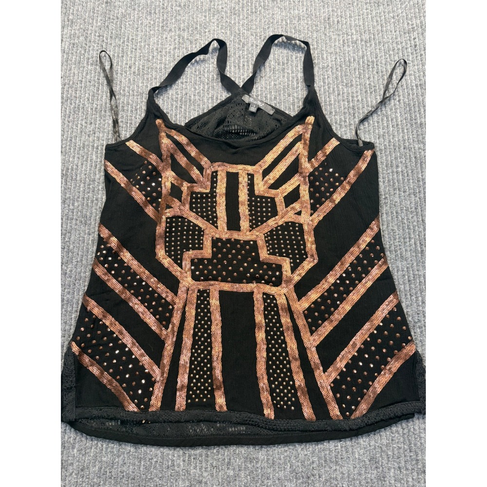 Miss Me Black Tank Top Copper Sequin Geometric Lace Back MDT97 S